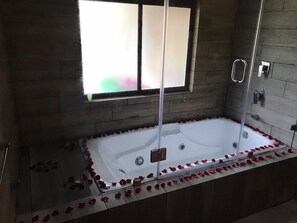 Jetted bath, towels, soap, toilet paper