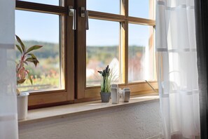 A window with a view of a landscape, a potted plant, and a small white object on the windowsill. - Apartment 'Ferienwohnung Im Rosengarten' with Balcony and Wi-Fi (Ebenweiler)