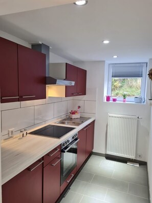 Fridge, oven, stovetop, coffee/tea maker