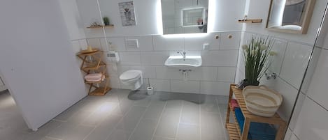 Regadera, secadora de cabello, toallas