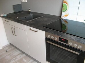 Frigorífico, microondas, horno y placa de cocina