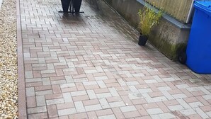 Ein gepflasterter Patio-Bereich mit Tisch und Stühlen, umgeben von einer Wellblechwand und Kübelpflanzen.