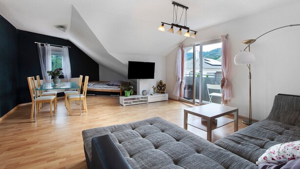 A modern living room with a sofa, a dining table, and a TV.