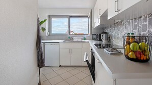 A modern kitchen with white cabinets, a dishwasher, a window, and a fruit basket on the counter.