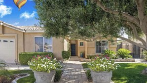 A residential house with a paved driveway, a front door, and a large tree providing shade. - Desert Paradise - Arcade, Casino, Spa, Play Area, Water Slide, Pool Table (Indio)