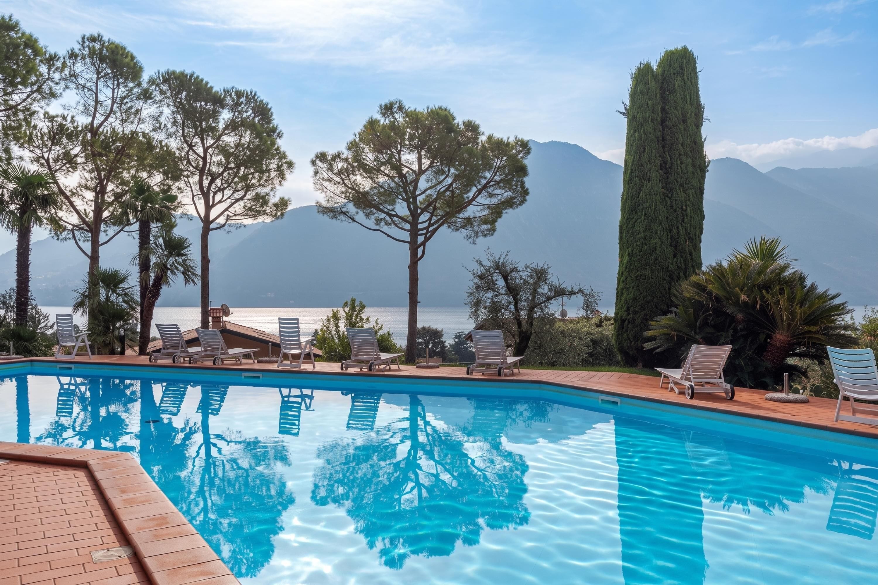 A swimming pool with lounge chairs, trees, and a view of mountains.