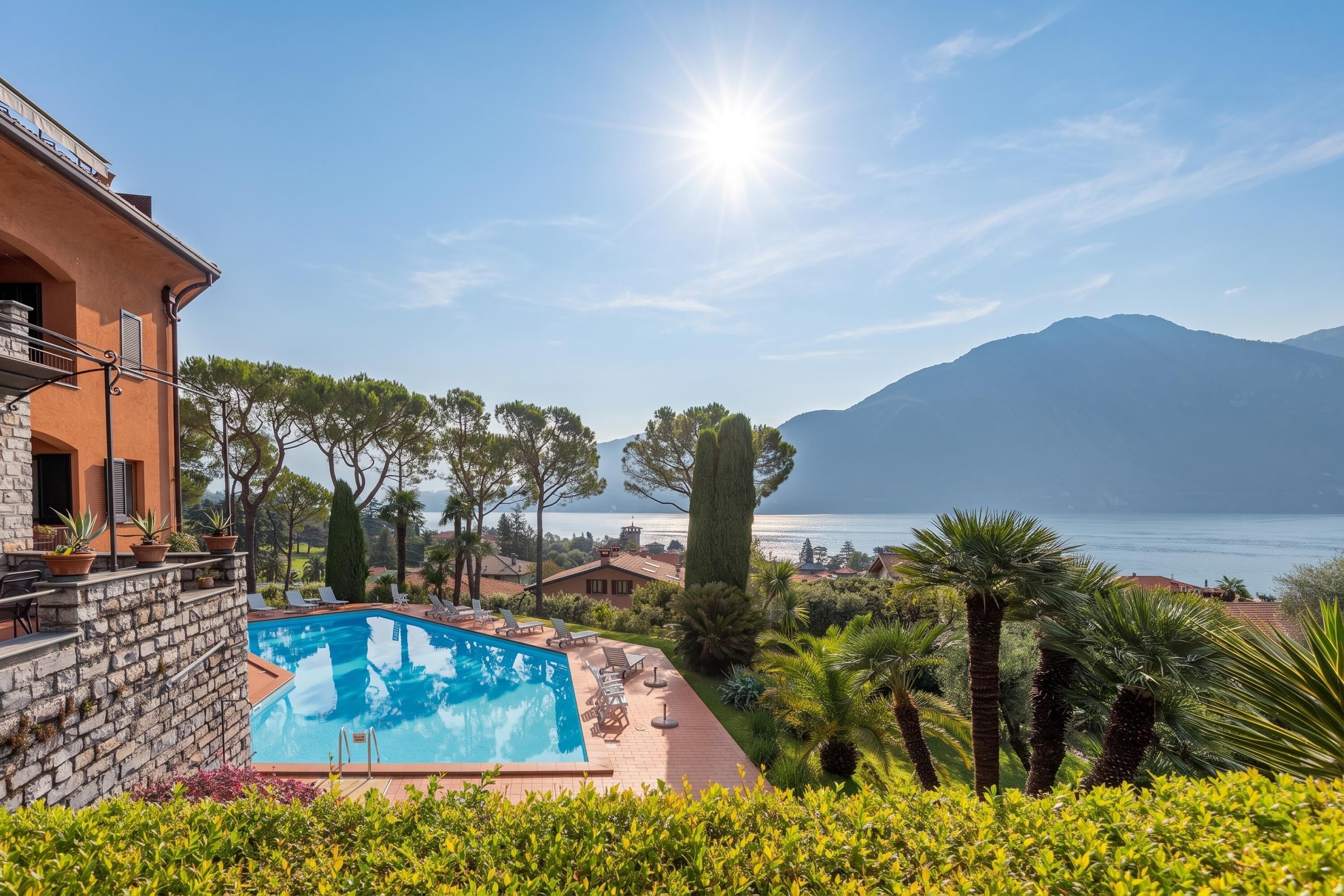 A pool with a view of the sea, surrounded by greenery and a mountain in the background.
