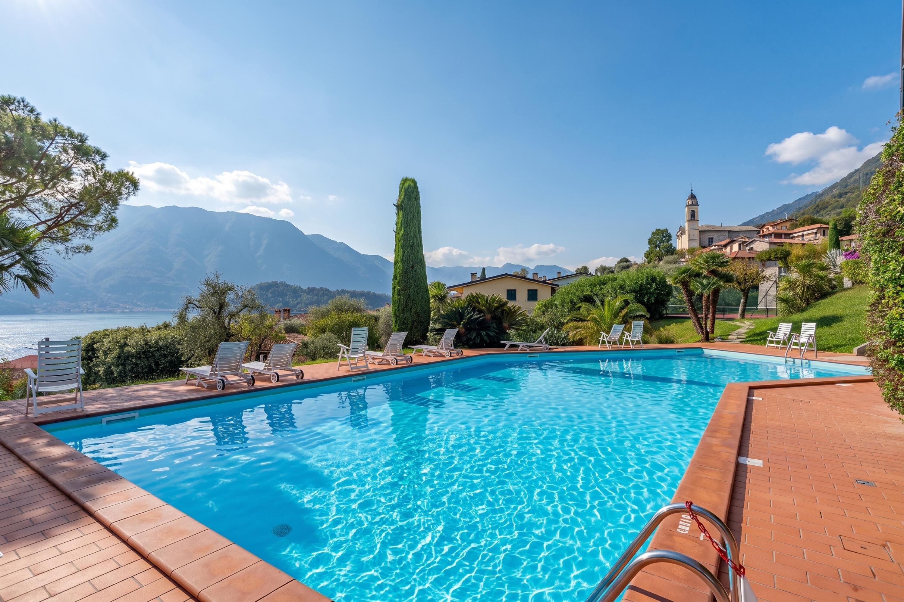 A swimming pool with lounge chairs, a clear view of the sea, and a mountain in the background.
