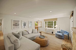 TV, fireplace, books, offices