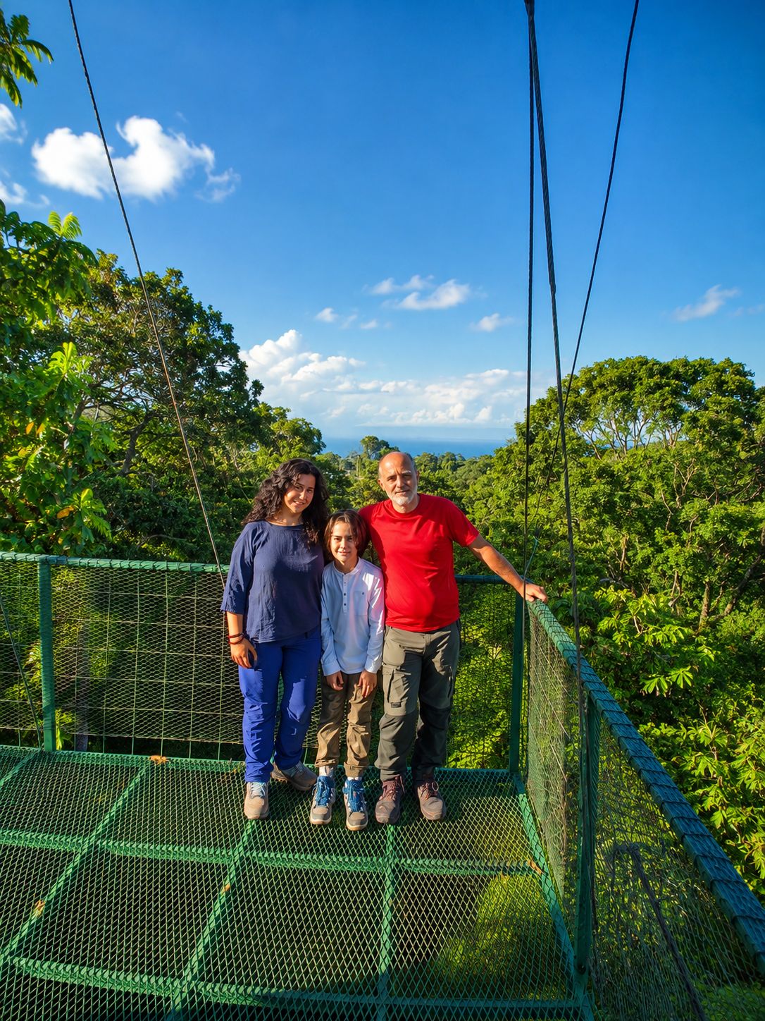 A family standing on a green net bridge with dense foliage in the background.