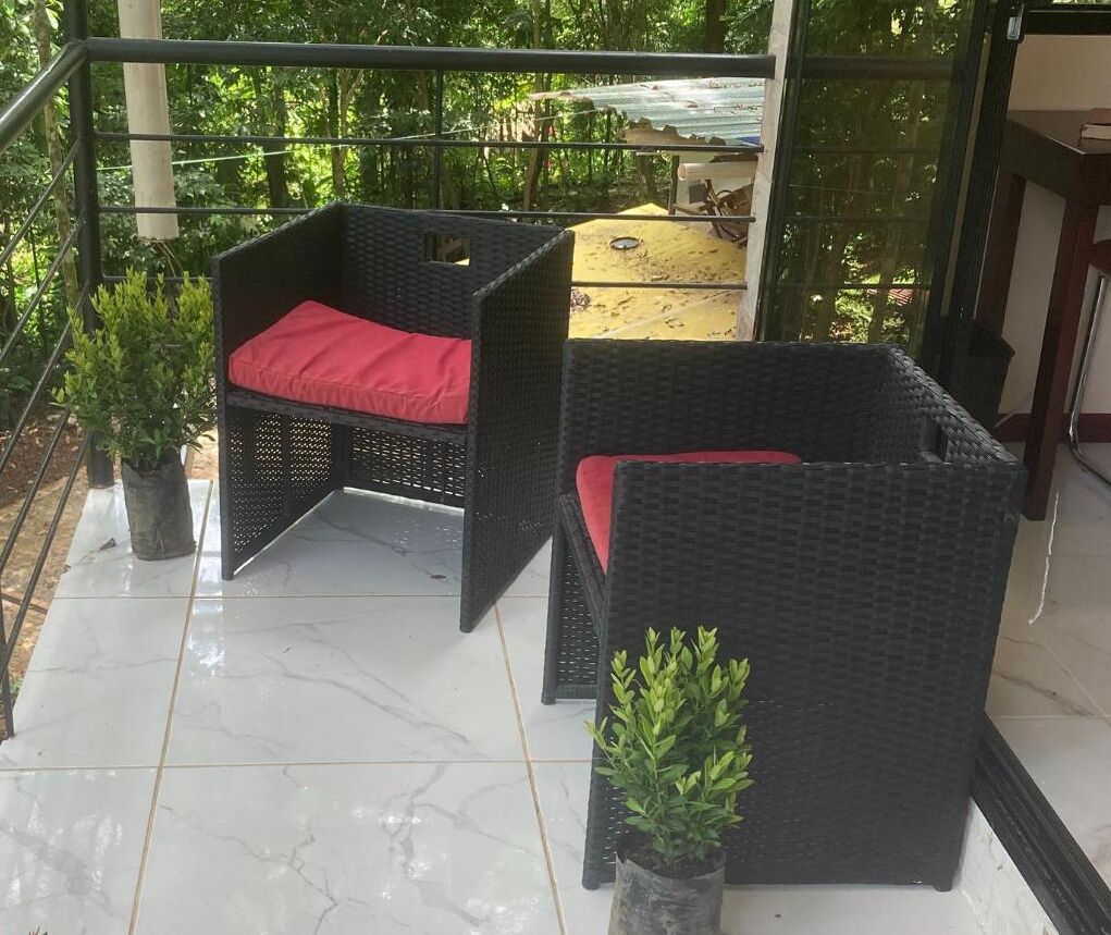 A black wicker sofa with red cushions on a tiled floor, surrounded by potted plants.