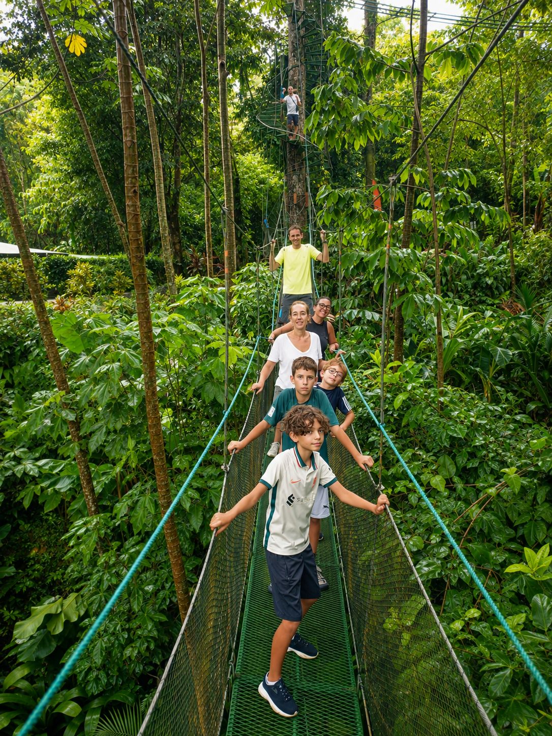 Eine Gruppe von Personen auf einer Hängebrücke in bewaldeter Landschaft.