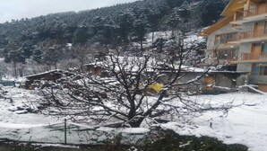 A snow-covered landscape with a multi-story building featuring balconies and a stone facade. - Antriksh Cottage Manali (Manali)