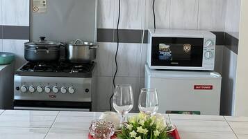 Frigorífic, microones i utensilis de cuina, vaixella i coberteria