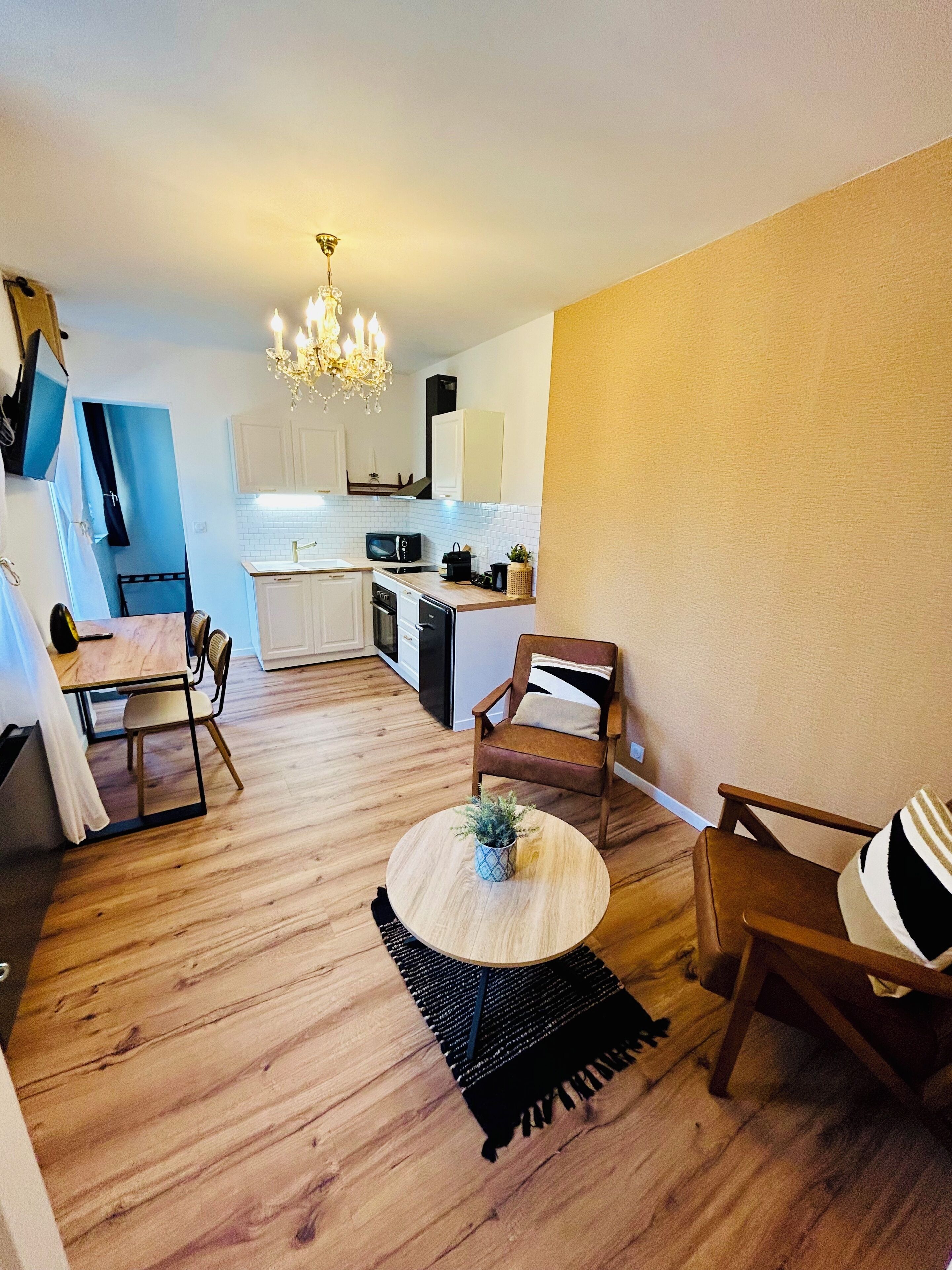 A compact living space with a kitchen, dining area, and seating.