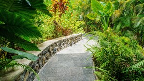 A stone pathway winding through a lush garden with various tropical plants. - Boutik Hotel 2A (Saint-Paul)