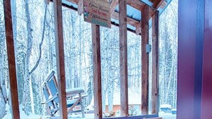 A wooden staircase leading to a covered area with a view of a snowy forest.