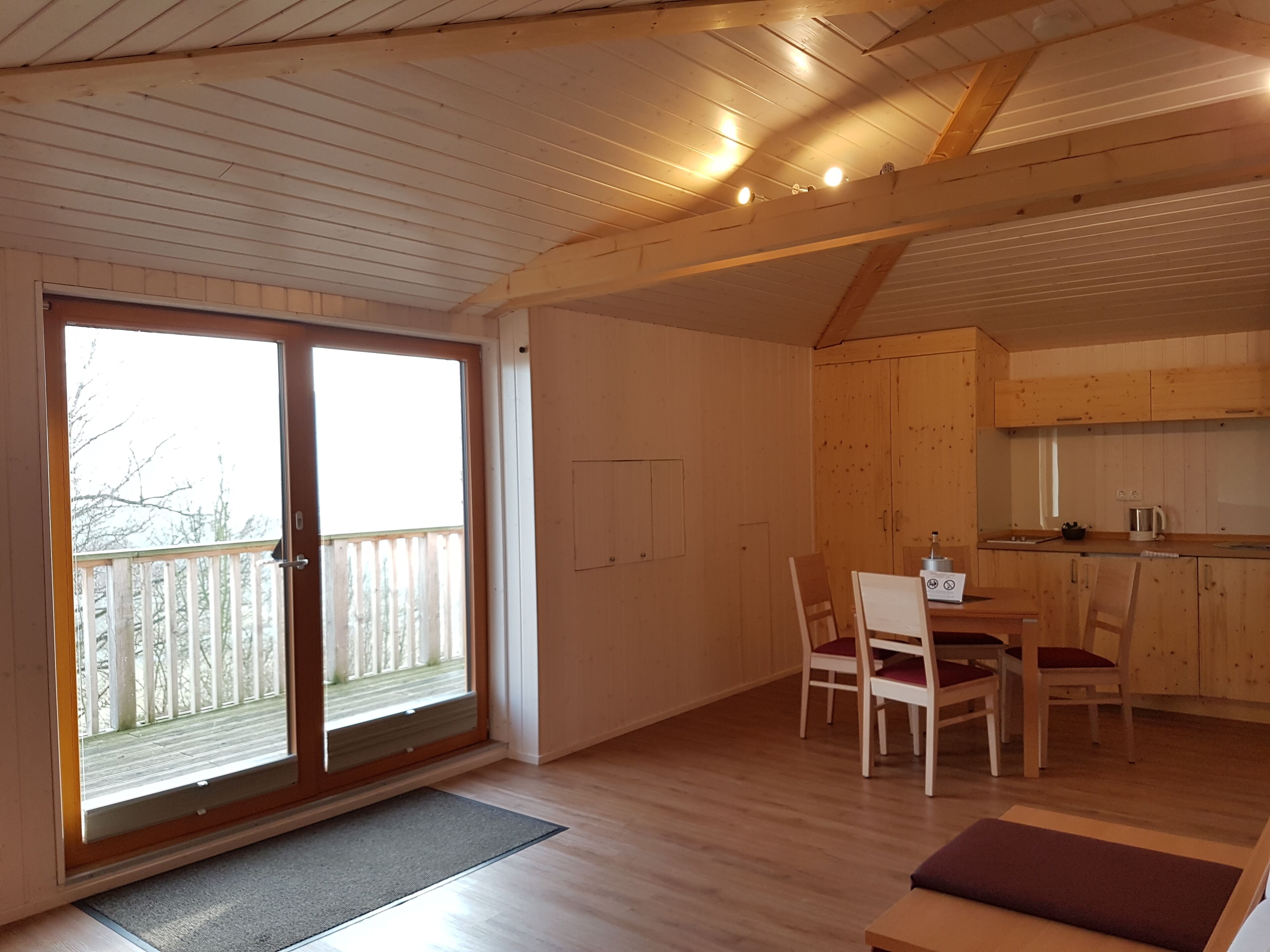 A spacious room with a wooden floor, a dining area with a table and chairs, a kitchen with wooden cabinets, and a large sliding glass door leading to a balcony.