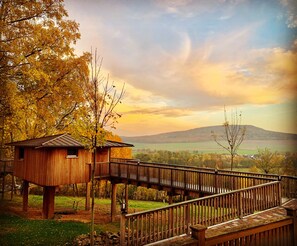 Eine Holzhütte mit einer Veranda, umgeben von Bäumen und Blick auf eine entfernte Landschaft.