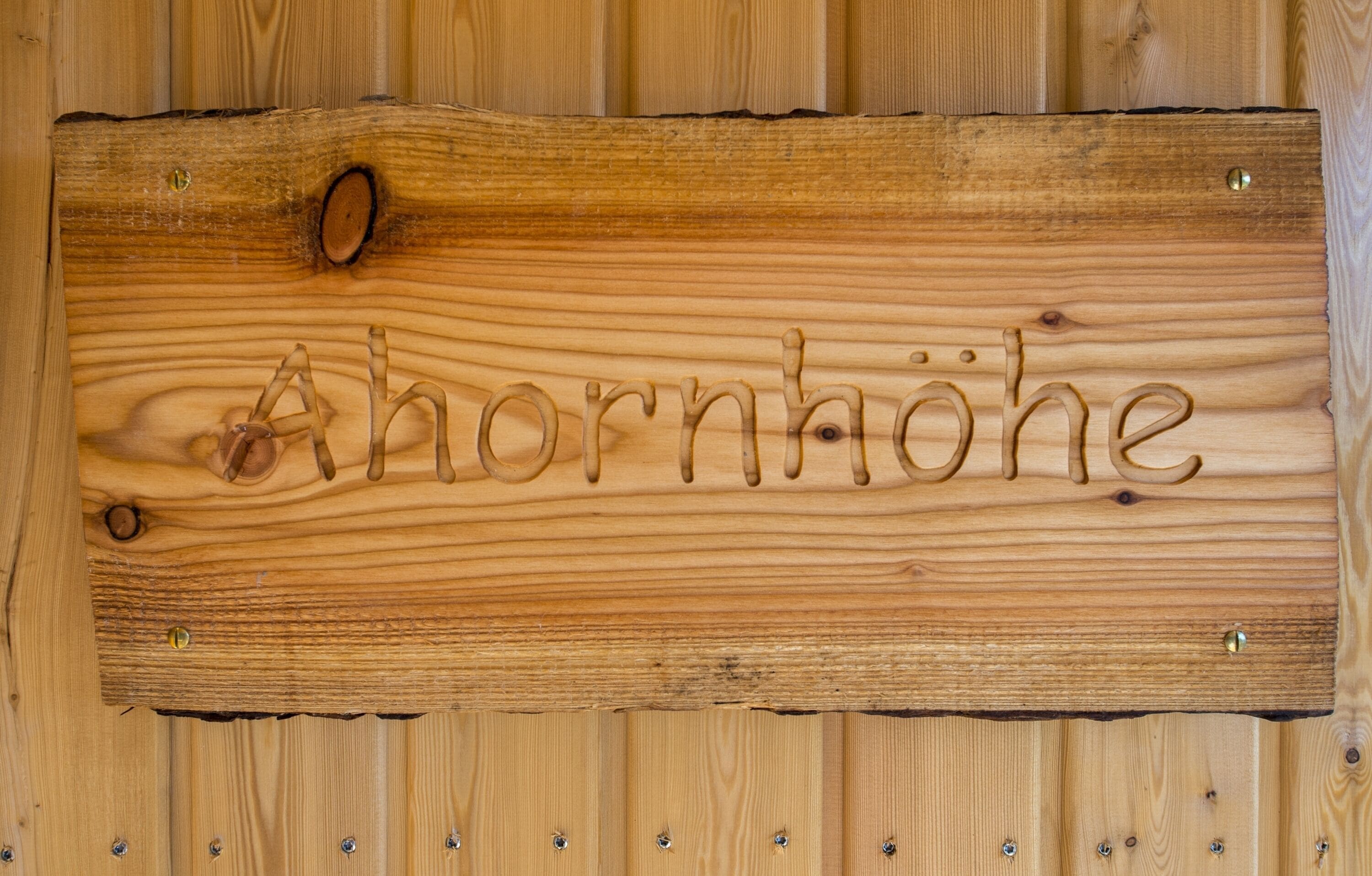 A wooden sign with the text "A hornhöhe" carved into it.