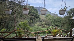 A bench area with hanging planters and a view of a lush forested hillside. - Ibex Resorts, Valparai (Mistly) (Valparai)