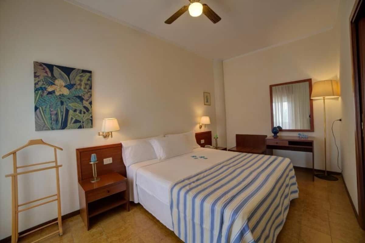 Une chambre d’hôtel comprenant un lit, des tables de chevet, un bureau, une chaise, un porte-manteau mural, un ventilateur de plafond et un tableau au mur.