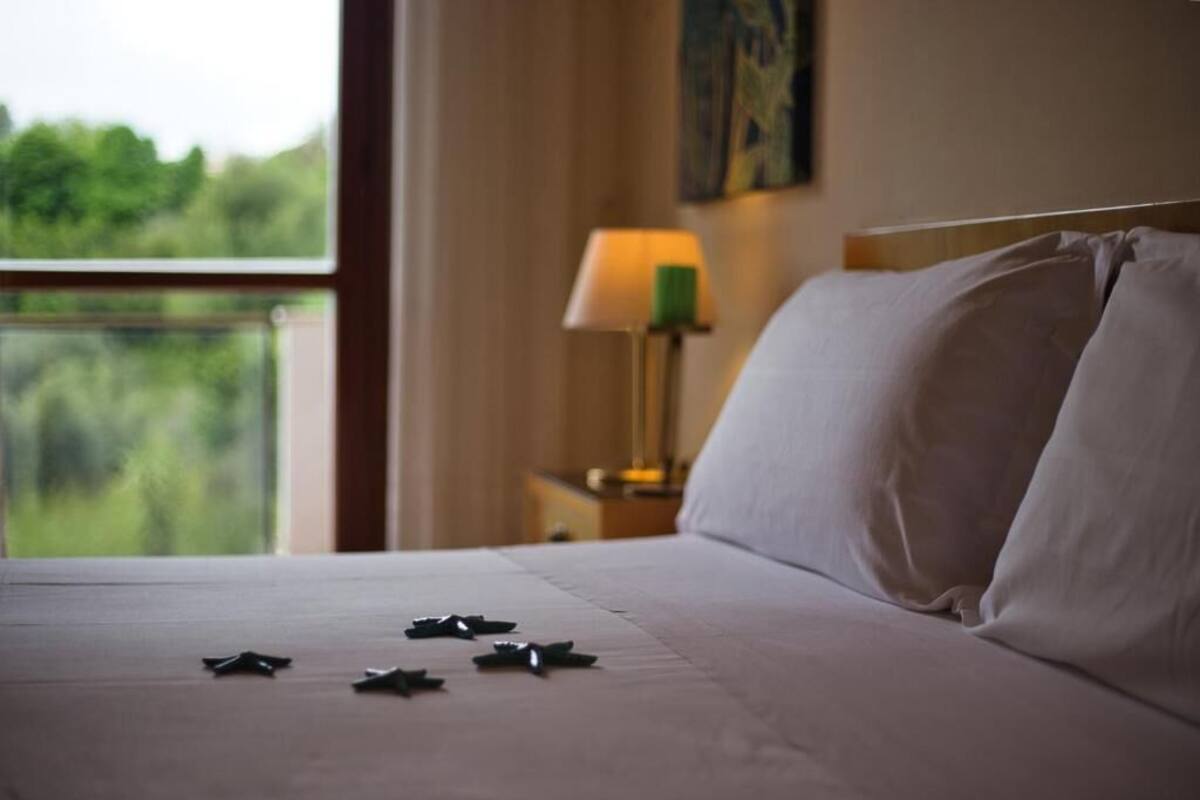 Une chambre d’hôtel avec un lit, une table de chevet avec une lampe et une fenêtre donnant sur un paysage verdoyant.