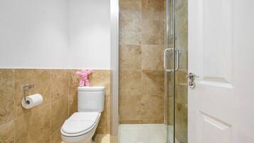 Shower, hair dryer, towels, shampoo