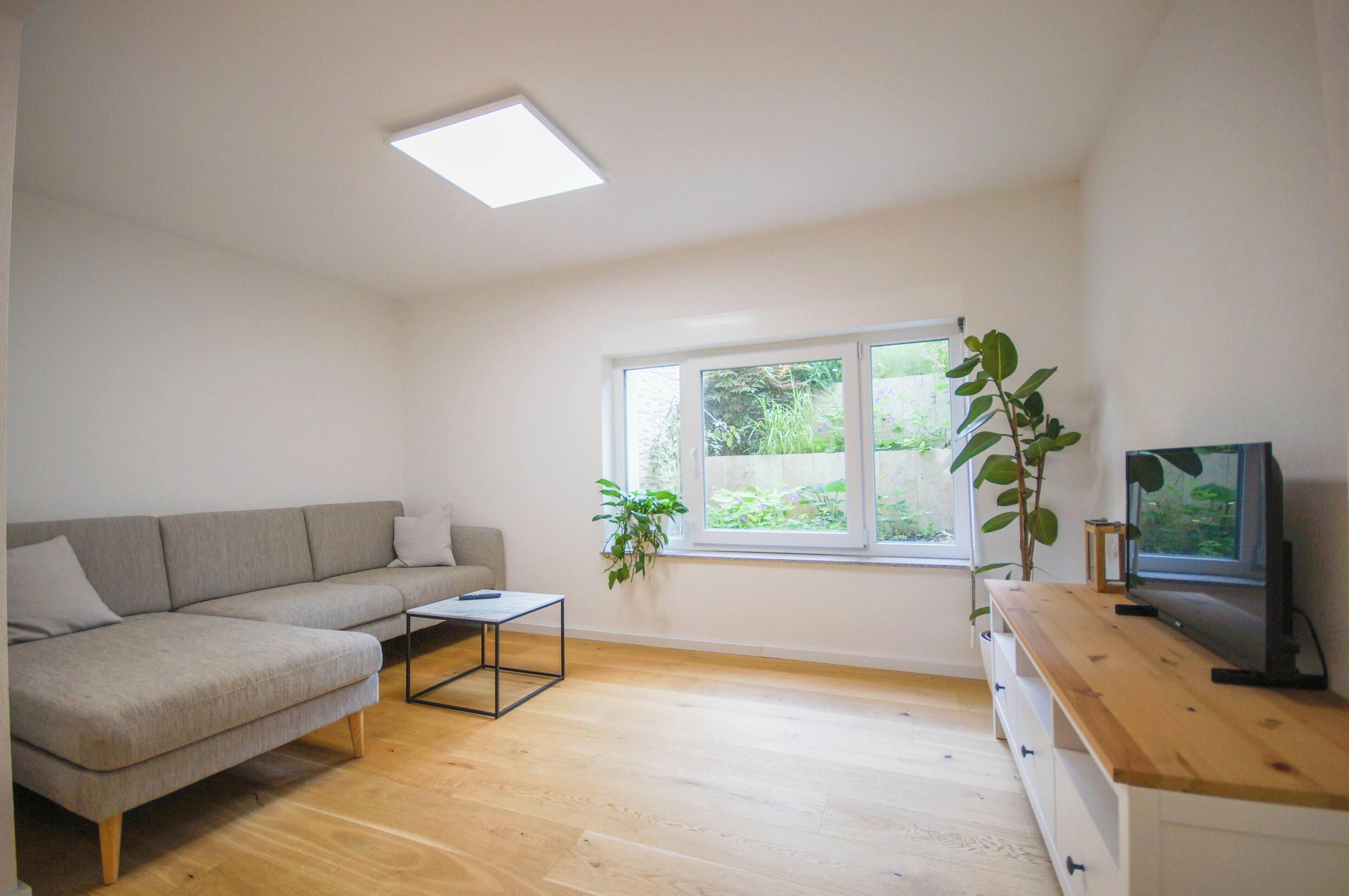 Una sala de estar con sofá, mesa de centro, televisor y una ventana con plantas.