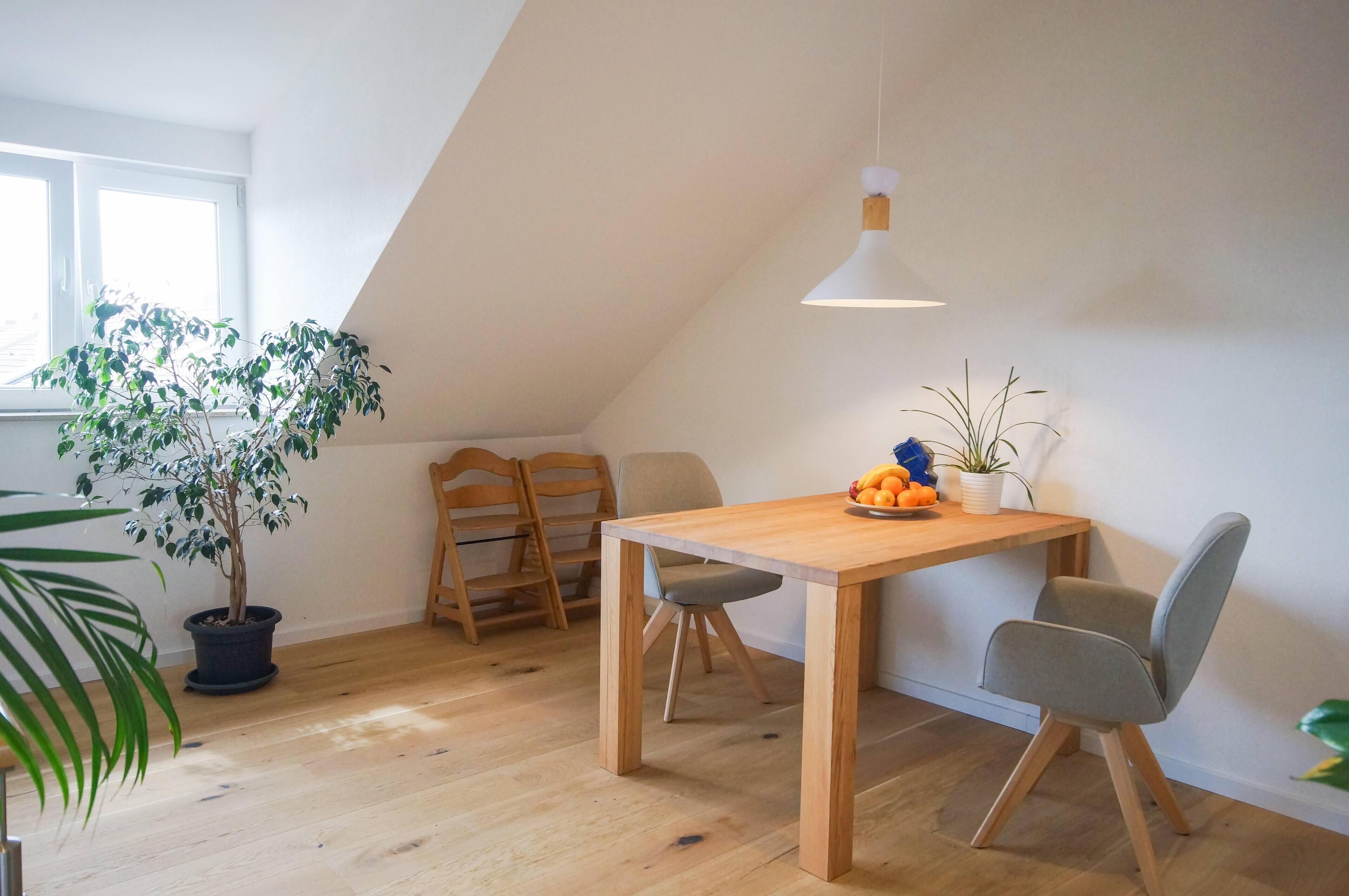 A dining area with a wooden table, two chairs, a hanging light fixture, and a potted plant.