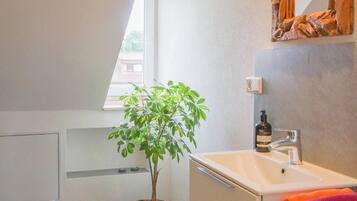 Un baño con un lavabo blanco, un espejo con marco rústico, una planta en maceta y una ventana.