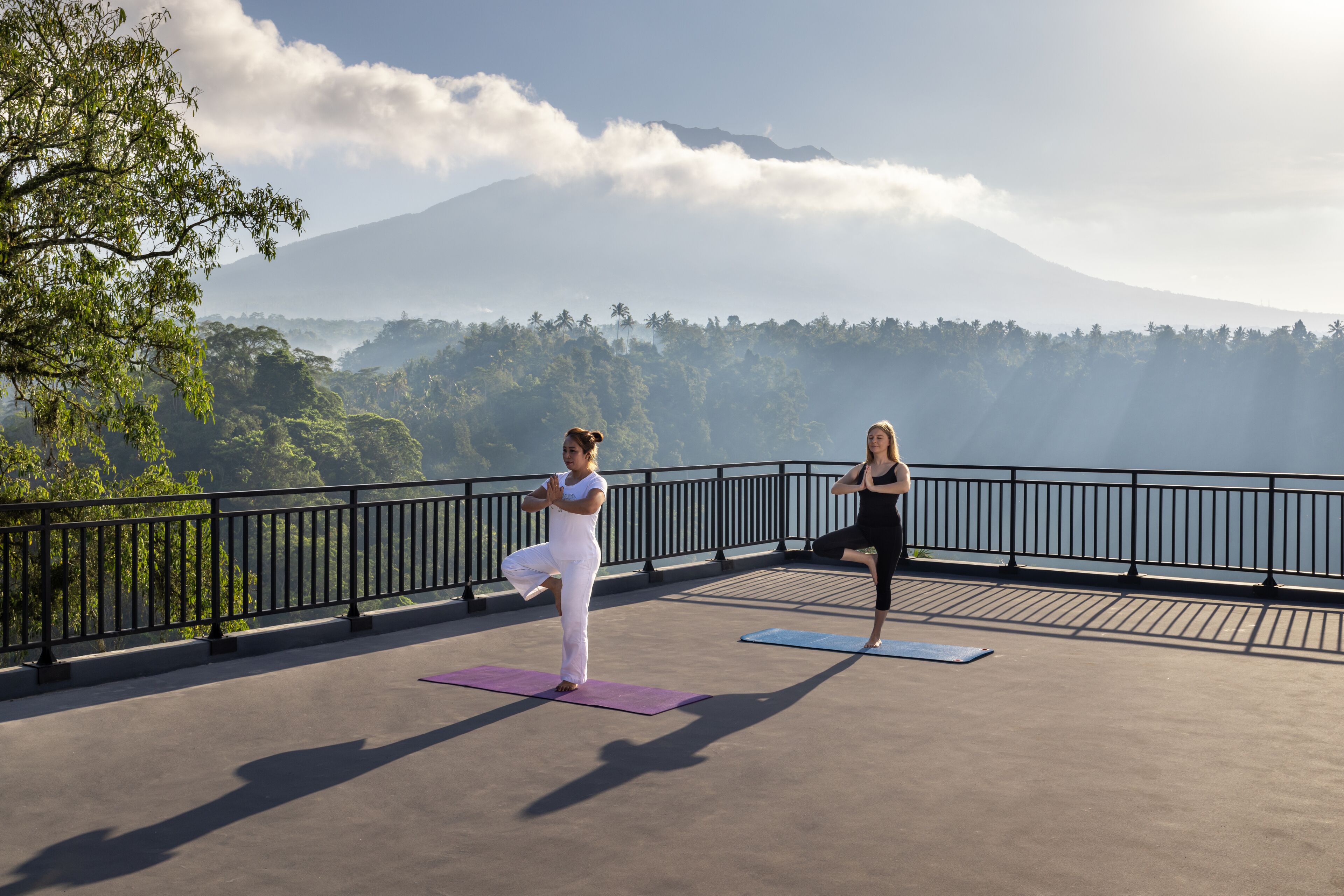 Dos personas practicando yoga en una azotea con una vista panorámica de una montaña y un bosque.