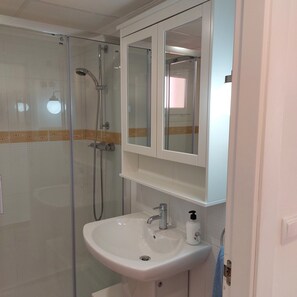 Hair dryer, bidet, towels, soap