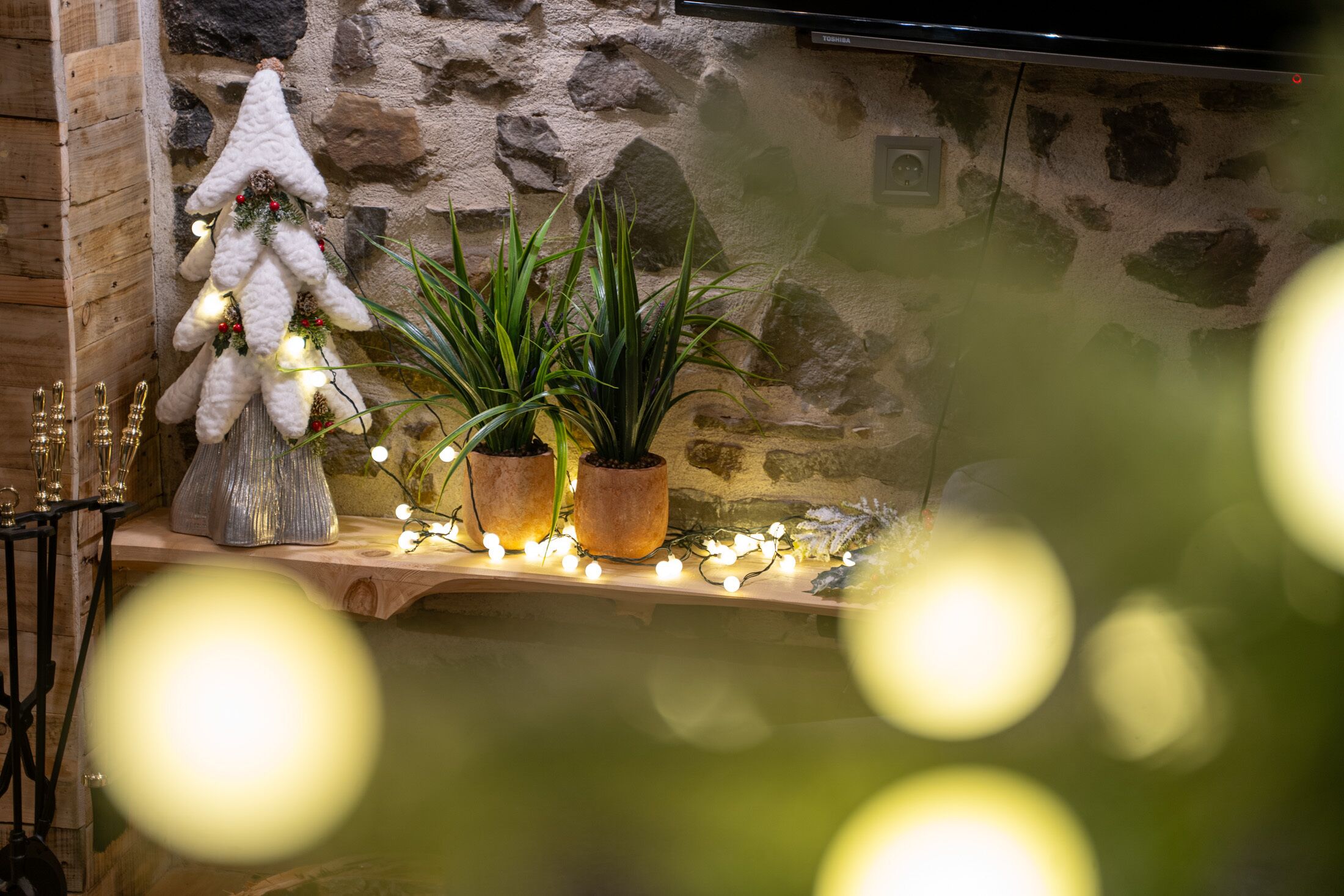 A rustic interior with a stone wall, a wooden shelf with potted plants, and a decorative Christmas tree.