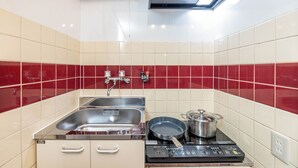 Una cocina compacta con un lavamanos doble, estufa y encimera.