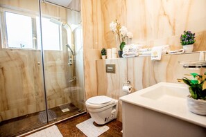 Shower, free toiletries, slippers, bidet