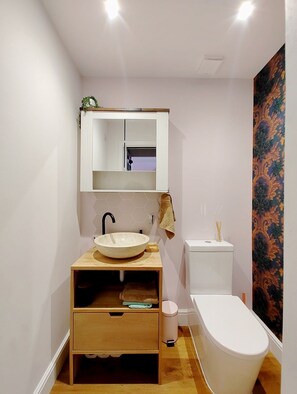 Hair dryer, towels, soap, shampoo