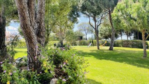 Un parc doté d’une pelouse, d’arbres et d’aires de jeux pour enfants.