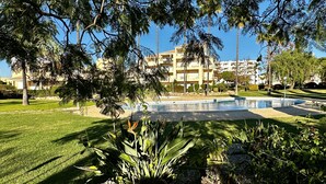 Une piscine entourée de pelouse et de plantes bien entretenues, avec un bâtiment en arrière-plan.