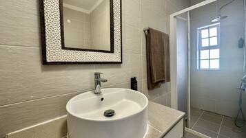 Shower, hair dryer, soap, shampoo