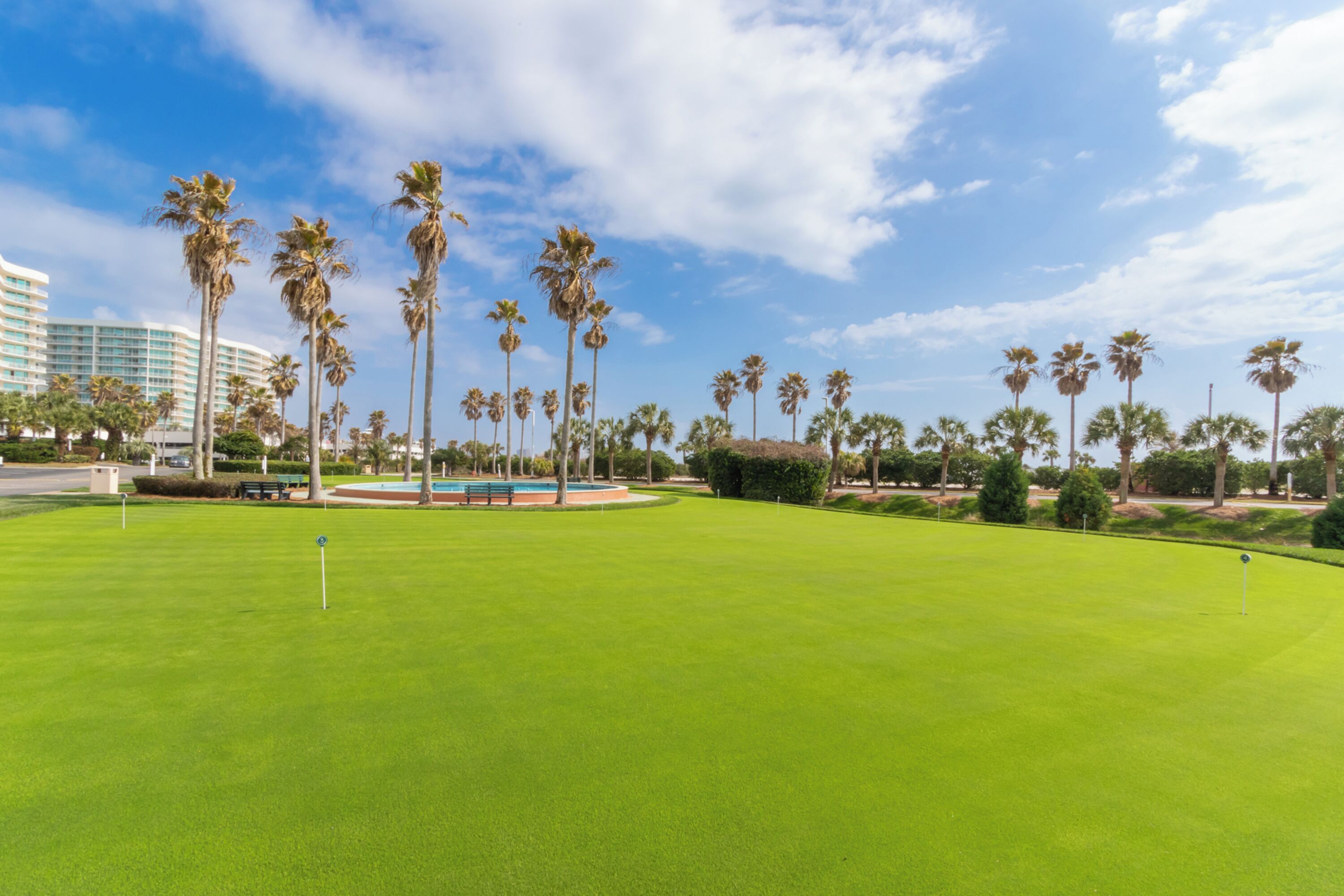 A golf course with a well-maintained green, palm trees, and a distant hotel.