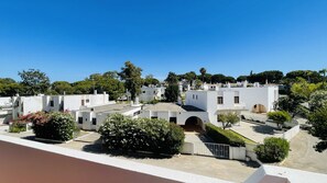 Stroll through a serene courtyard surrounded by lush greenery and vibrant flowers, under a central archway.