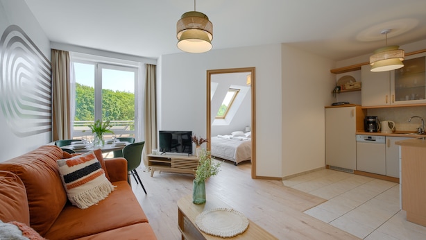 A modern apartment with a living room, dining area, kitchen, and a bedroom with a skylight.