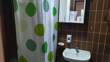 A bathroom with a white sink, a mirror, a soap dispenser, and a shower curtain with green leaf patterns.