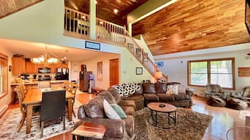 Smart TV, fireplace, DVD player, foosball