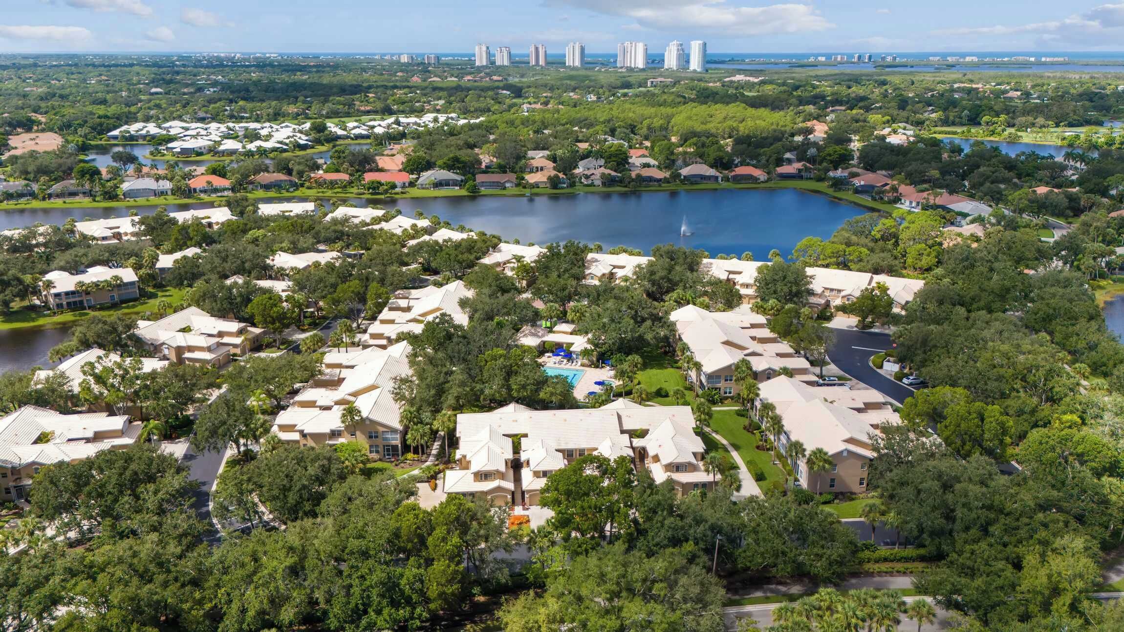 A residential area with houses, a lake, and high-rise buildings in the background.
