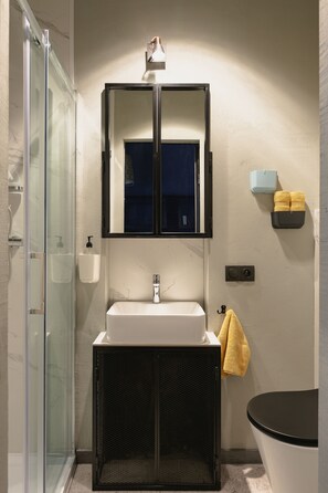 City studio suite, 1 slaapkamer, op benedenverdieping | Badkamer | Een douche, een regendouche, een haardroger, handdoeken