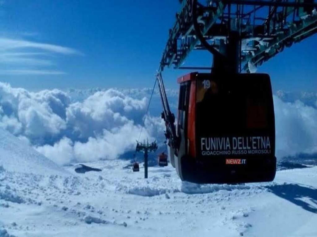 Ένα τελεφερίκ με τις επιγραφές «FUNIVIA DELLEETNA» και «GIOACCHINO RUSSO MOROSOLI» στο εξωτερικό του, κινείται πάνω από ένα χιονισμένο τοπίο.