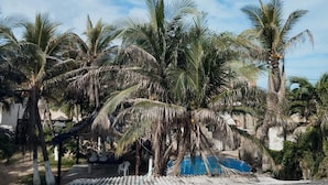 Un complexe hôtelier tropical doté de palmiers, d’une piscine et d’un espace clos.