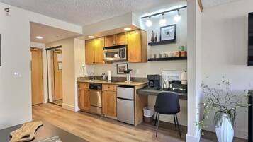 Microwave, stovetop, dishwasher, coffee/tea maker